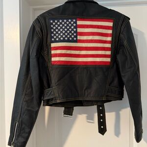 Black Leather Jacket with Large American Flag Patch